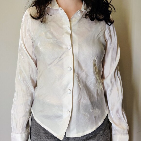 Pearly White Sheen Long Sleeve Collared Elite Club Button-Up Blouse Small - Picture 1 of 5
